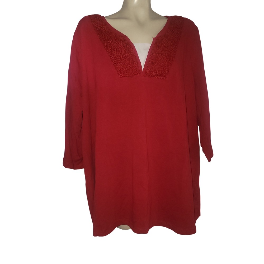 Catherines Red Crochet Neck 3/4 Sleeve Tunic Top Plus size 2X casual oversized